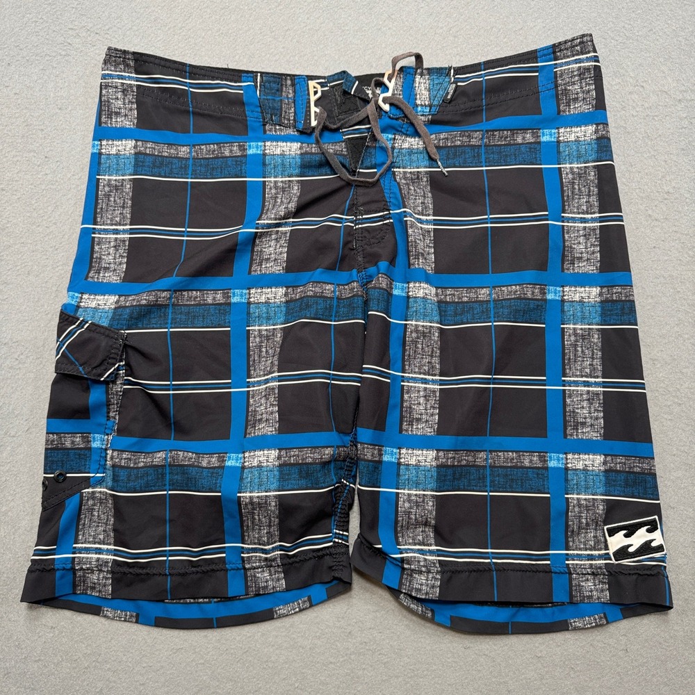 Billabong Platinum Board Shorts Men's 38 Blue Plaid Hydrostretch Recycler Trunks